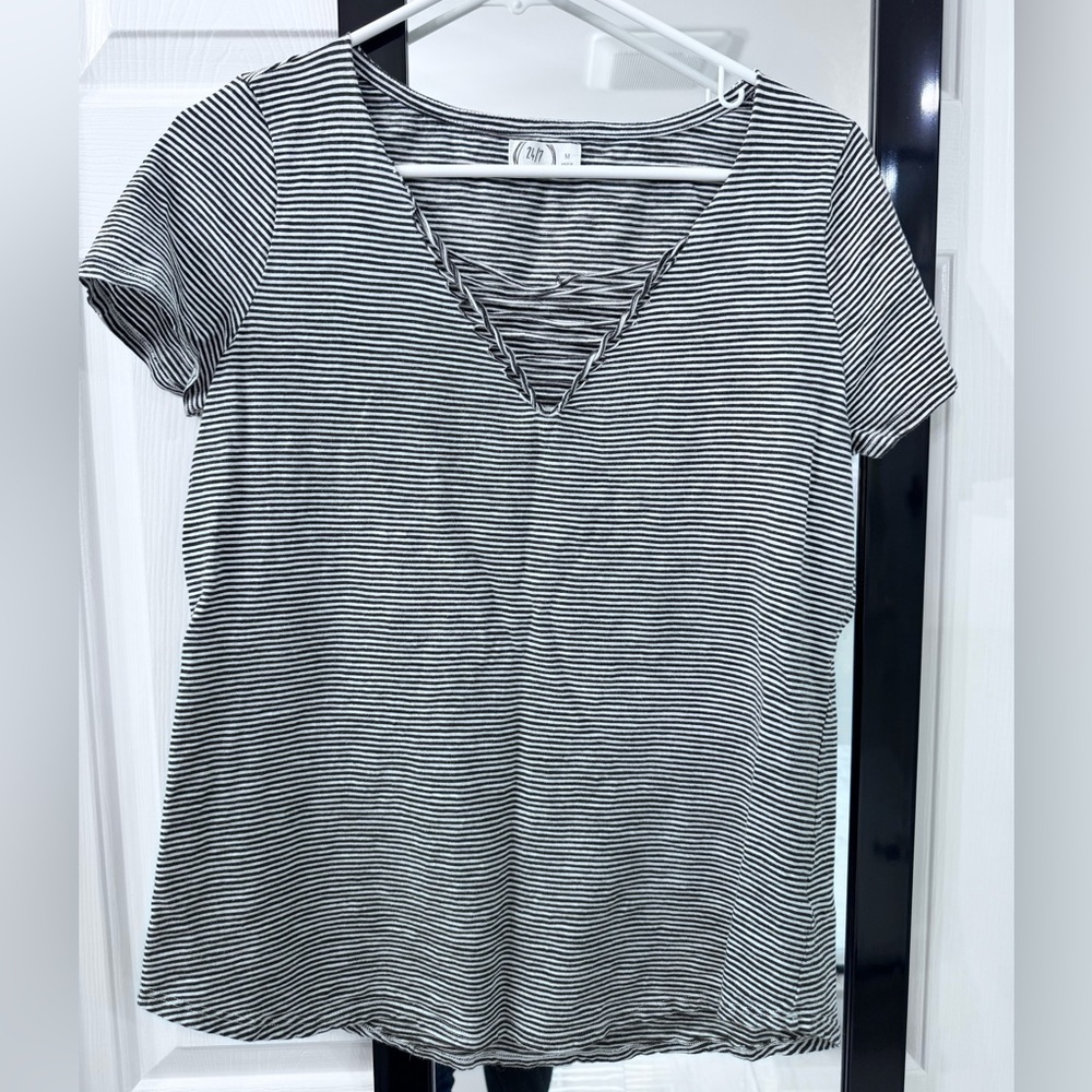 Black and White Striped V-Neck Top